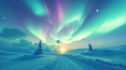 Wall Mural - Aurora Borealis Illuminating a Snowy Landscape with Two Pine Trees