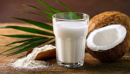 Wall Mural - Vegan lactose free milk. Coconut milk in powder and dissolved with water in glass on a wooden background, vertical
