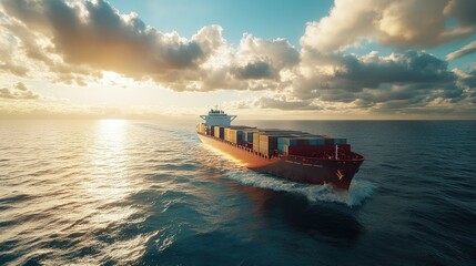 Wall Mural - International cargo ship with containers at sea, representing the efficiency of global logistics and ocean freight shipping services. Wide-angle view