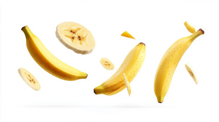 Wall Mural - Banana slices in mid-air, isolated on a white background.