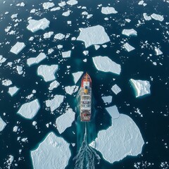 Wall Mural - Ice breaker ship and sea ice in the frozen antarctic ocean. Aerial View of Ocean Icebergs. Ultra realistic. Photorealistic