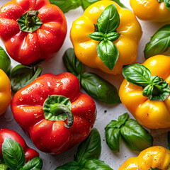 Wall Mural - Colorful bell peppers and fresh basil on a white surface with droplets of water