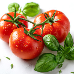 Freshly picked red tomatoes and basil leaves on a white background