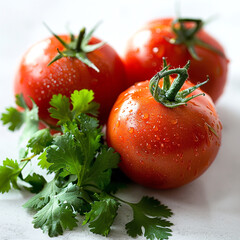 Wall Mural - Fresh red tomatoes with cilantro on a light kitchen surface