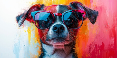 Wall Mural - A cute dog wearing sunglasses with a colorful painted background.