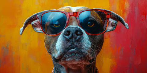 Canvas Print - Cool dog wearing red sunglasses staring at the camera.