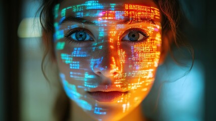 Canvas Print - Close-up of a woman's face with vibrant digital code projections, representing technology, artificial intelligence, and the future of human-machine interaction.