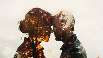 Double exposure of a man and woman. Double exposure of passionate couple, forest, nature and trees . Two lovers against the forest. concept for Romantic love story and Day Valentine