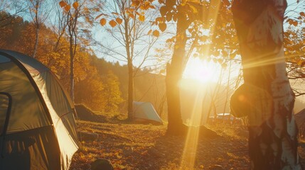 Wall Mural - The morning sun filters through the fall foliage in a campsite, illuminating tents and creating a warm, inviting atmosphere filled with serenity and adventure.