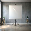 © Ehtisham - A blank projector screen on a tripod stand in a minimalist room with concrete walls and wooden floors.