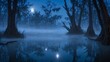 © Panuwat - Beautiful landscape swamp night sky deep blue full Full moon ris
