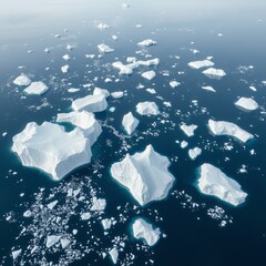 Wall Mural - Western coast of greenland, aerial view of icebergs in the ocean. Aerial View of Ocean Icebergs. Ultra realistic. Photorealistic