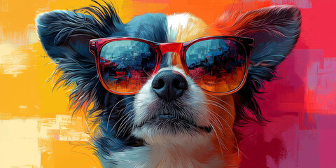 Sticker - A cool dog with sunglasses on a colorful background.