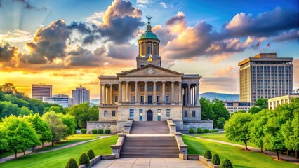 Elegant Greek Revival-style Tennessee State Capitol building stands proudly in downtown Nashville, surrounded by lush greenery and historic significance.