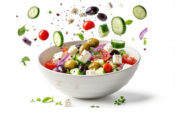 Poster - Vegetables falling into a Greek salad bowl