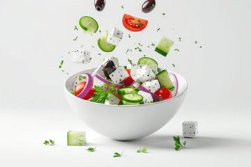 Vegetables falling into a Greek salad bowl