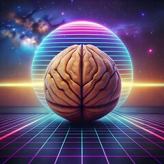 A futuristic 3D illustration of a walnut in a retro 80s style with a glowing neon sphere and a grid background.