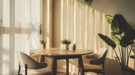 Wall Mural - A serene dining area bathed in warm sunlight, featuring a round wooden table and modern chairs, with houseplants adding a cozy touch.