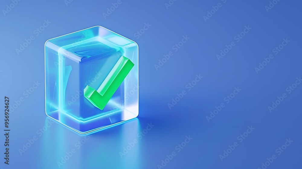 Check Mark Cube 3D green check mark inside a transparent cube on a blue background ...