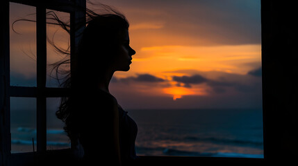 Silhouette of a Woman at Window during Twilight. Silhouette woman looking  and thinking through the window with view Nature at sunset 