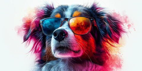 Sticker - A close-up of a dog wearing sunglasses, with a colorful, abstract background.