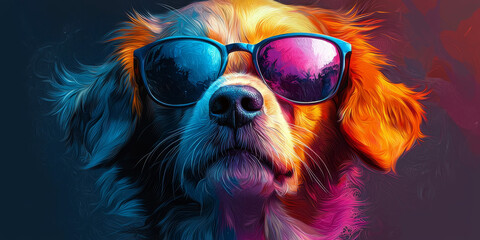 Canvas Print - Cool dog wearing sunglasses with colorful abstract fur.