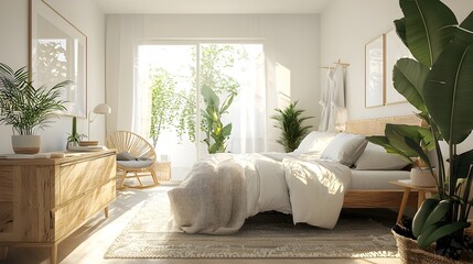 Poster - Scandinavian-Style Bedroom with Light Wooden Furniture and Soft Textiles,Showcasing a Clean and