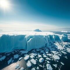 Wall Mural - Massive glacier iceberg towering cold polar ocean in antarctica. global warming, ecology and climate change concept. blue ice wall melting under sun. arctic winter nature landscape aerial drone view. 