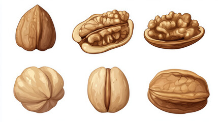 Set of delicious walnuts, featuring whole walnuts and halved shells revealing the nut inside, isolated on a white background.