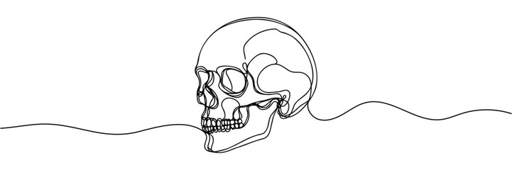 Wall Mural - Human scull. One line continuous Halloween skull isolated on white background. Line art outline vector illustration