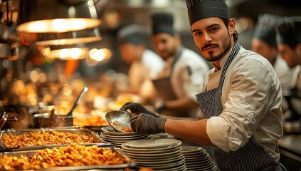 chefs in the kitchen preparing dishes, with plates filled and ready to be served on the counter, while others are busy cooking at the stainless steel chef's station. 