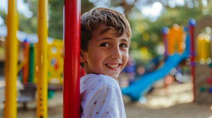 A young boy in a playground setting leans against a red pole, exuding a warm and friendly smile that captures the essence of pure childhood happiness.