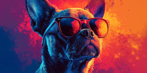 Wall Mural - A cool dog wearing sunglasses in front of a colorful, abstract background.