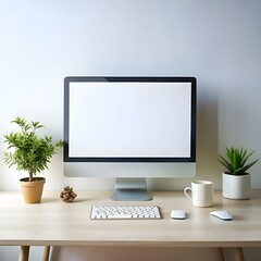 Modern minimalist workspace with a blank computer screen. keyboard. mouse. mug. and plants.