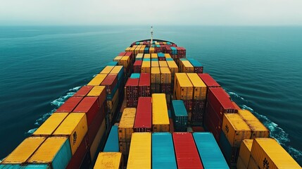 Wall Mural - Overhead view of cargo containers on a ship in the open sea, representing global business services and international transportation for the Asia-Pacific region.