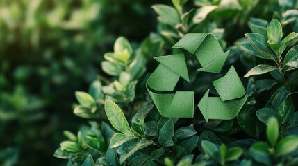 Green recycling symbol nestled among lush foliage, symbolizing eco-friendly practices and environmental conservation in nature. Sustainable living concept.