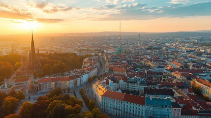 Wall Mural - Sunset View of a Cityscape with a Church and a Tower