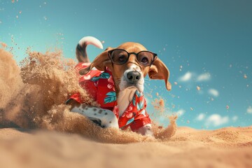 Wall Mural - A dog playing on the sand