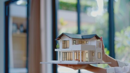 Hands presenting a detailed model of a modern, luxurious house, set against a bright interior backdrop suggesting property investment or architecture.