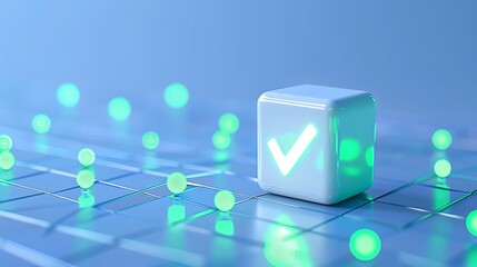 A 3D render of a glowing check mark symbol on a cube, surrounded by green lights on a blue surface, representing approval and technology.