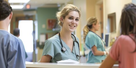 Wall Mural - Hospital front desk receptionist coordinating with medical staff to manage patient flow