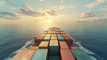 Rear view of a container ship in the ocean, heading towards a sea port. Showcases the logistics of business transportation with stacked containers and industrial infrastructure.