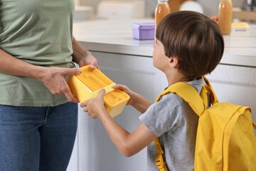 Poster - Mother giving lunch box to her son in kitchen, closeup