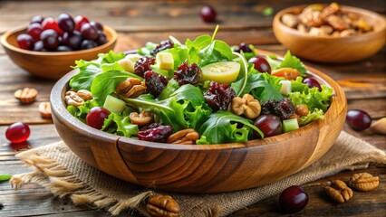 Fresh mixed greens topped with juicy grapes, crunchy walnuts, and sweet raisins, tossed in a light vinaigrette, served in a rustic wooden bowl.