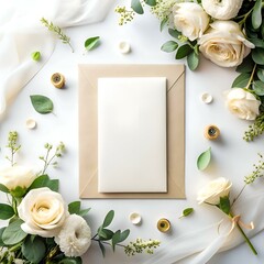 A blank invitation card resting on a kraft envelope. surrounded by delicate white roses and greenery. perfect for creating elegant wedding or special event invitations.