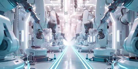 Aufkleber - Industrial automation concept with robotic arms assembling products, technology and innovation