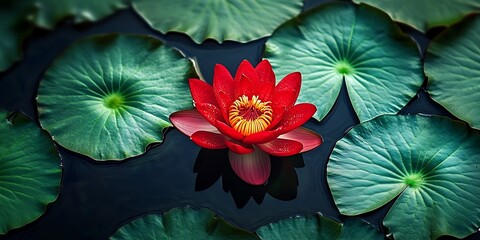 Vivid red lotus flower with copy space image surrounded by lush green circular lotus leaves