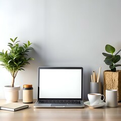 Minimalist workspace mockup with laptop. plants. and coffee cup.