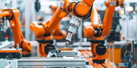 Aufkleber - Industrial automation concept with robotic arms assembling products, technology and innovation