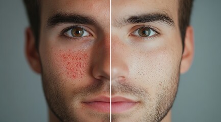 Before and after acne treatment collage portrait of the face of young man
